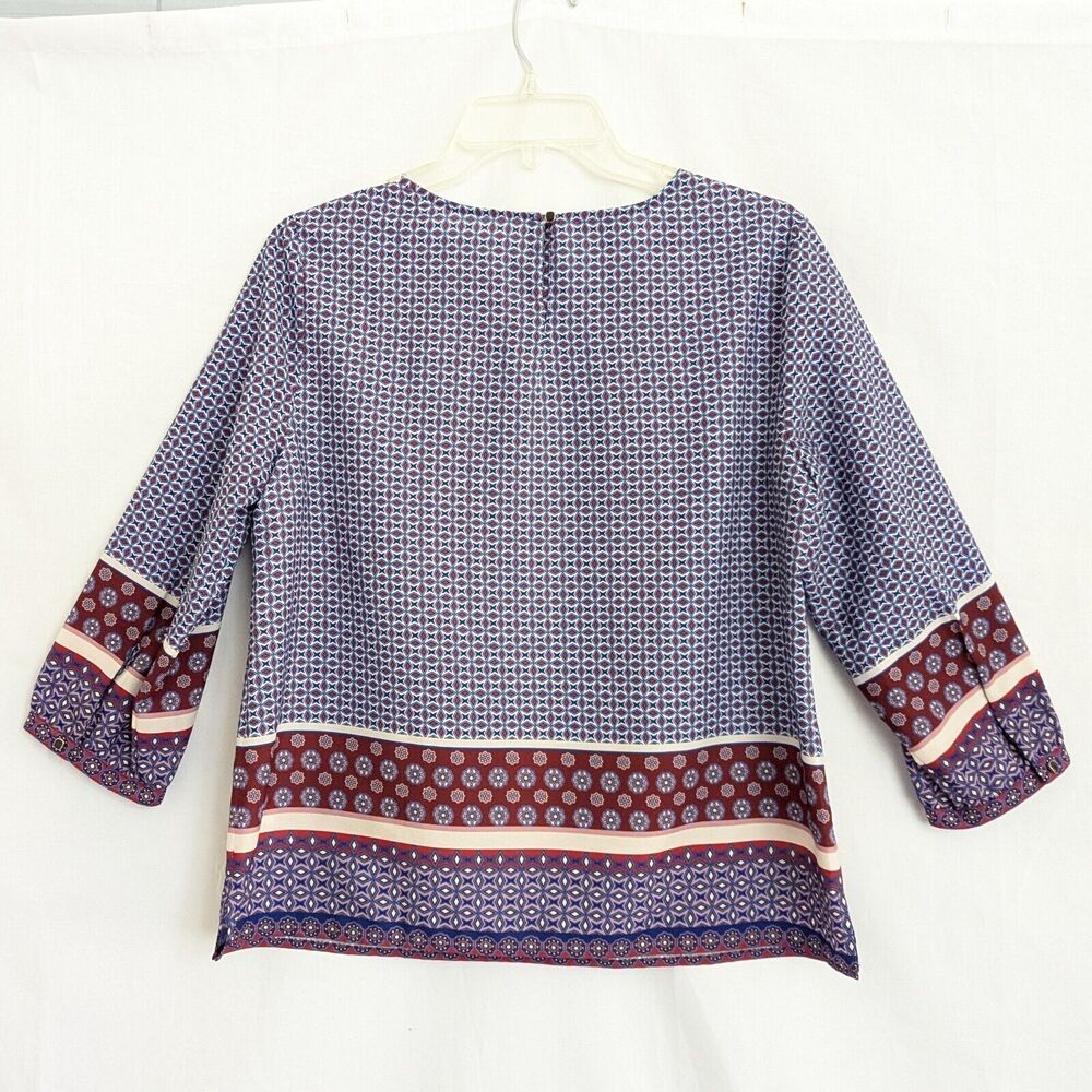 Talbots Petite Blouse PM Blue Geometric Art to Wear 3/4 Sleeve Mod Career Top - Picture 3 of 12